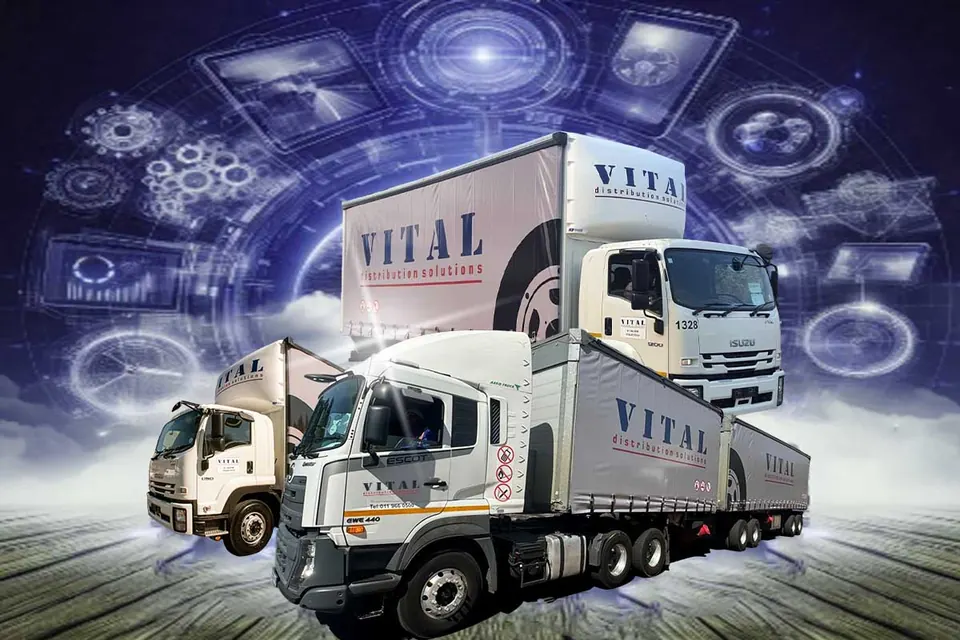 Vital trucks with a digital control tower graphic