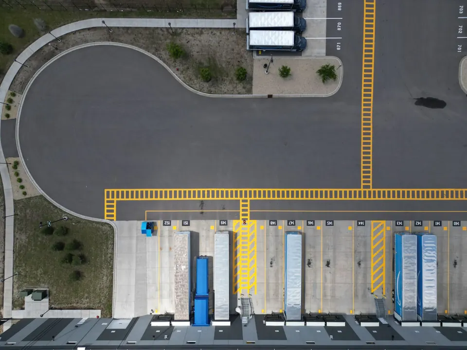 Aerial view of trucks at a cross-dock distribution centre